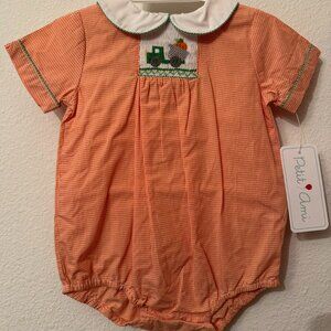 Petit Ami Orange Check Dump Truck Pumpkin Smocked Boys Bubble 6 Months